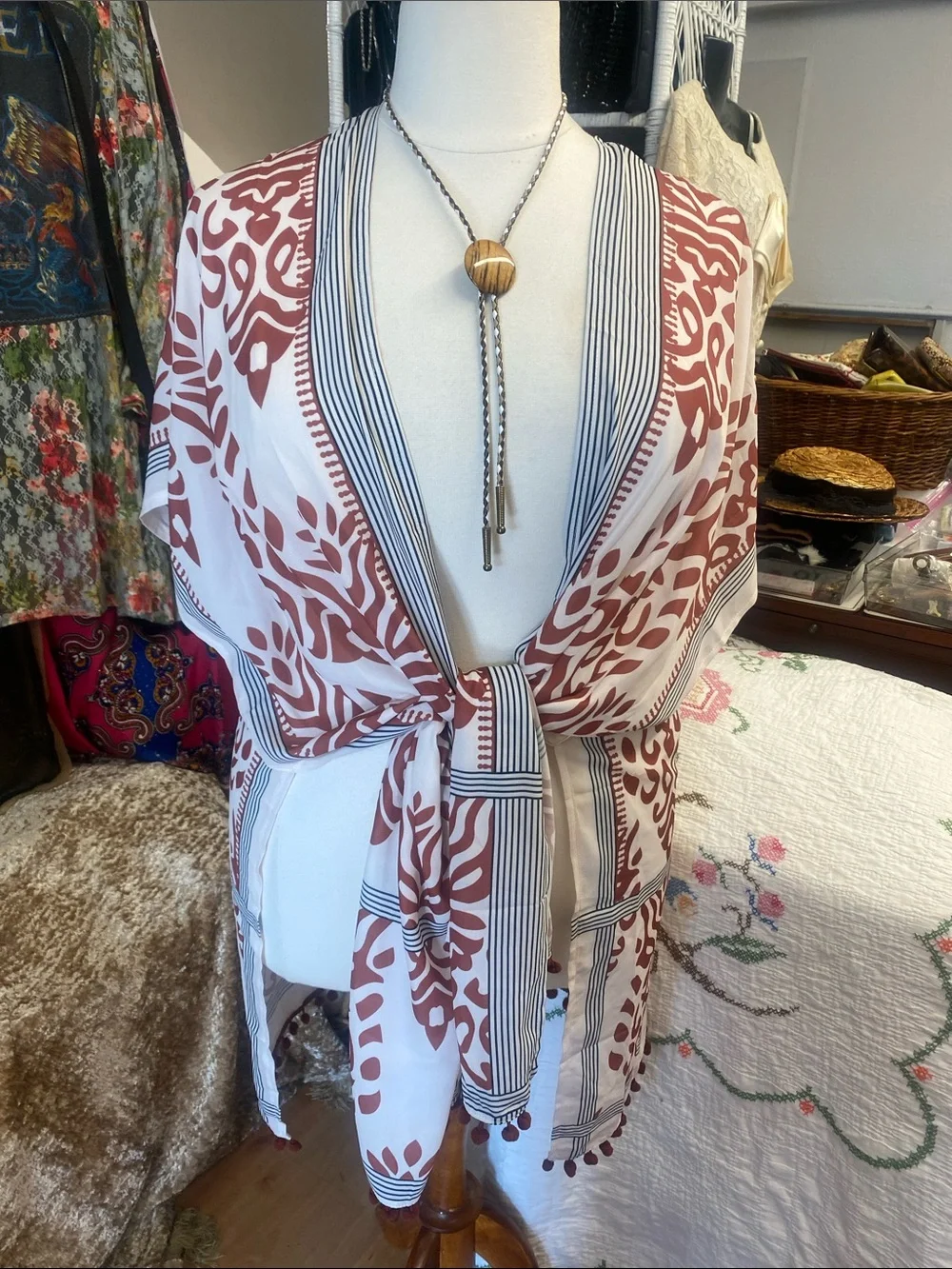 Flowy White and Terracotta Patterned Kimono Cardigan